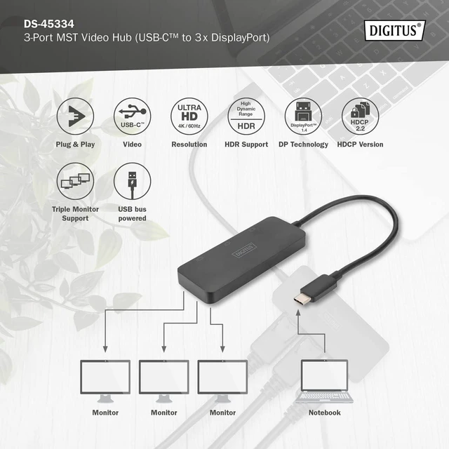 Alt view image 5 of 7 - DIGITUS 3-Port USB-C Graphics Adapter - USB-C to 3X Display Port - 4k60Hz - Multi Stream Transport (MST) - Video Hub - Black