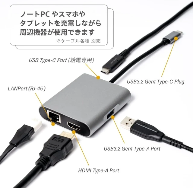 Alt view image 3 of 7 - Owltech OWL-DS3181-SV USB Type-C Hub, 4-in-1, USB3.2, Gen1 Compatible, PD100W, with Power Supply Port, USB Type-C to Multiport Adapter, HDMI/LAN/Type-A Port/Type-C Port for Power, Silver