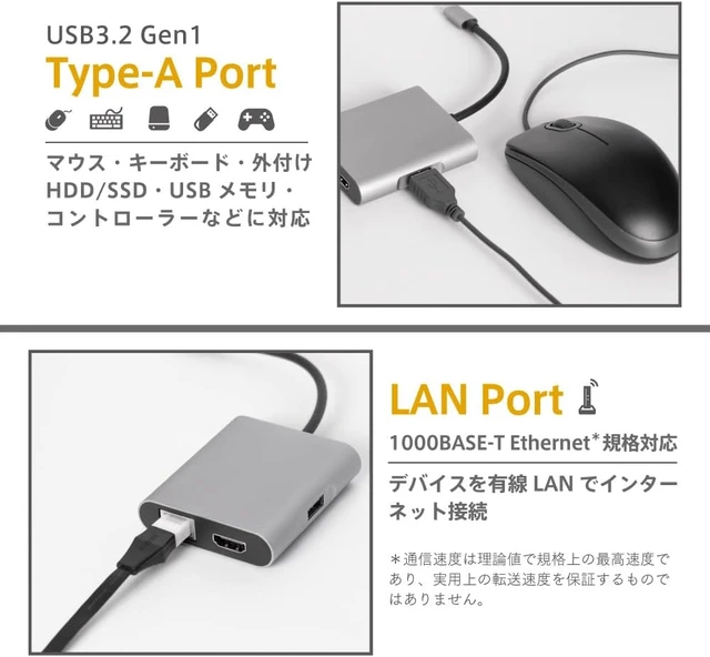 Alt view image 5 of 7 - Owltech OWL-DS3181-SV USB Type-C Hub, 4-in-1, USB3.2, Gen1 Compatible, PD100W, with Power Supply Port, USB Type-C to Multiport Adapter, HDMI/LAN/Type-A Port/Type-C Port for Power, Silver