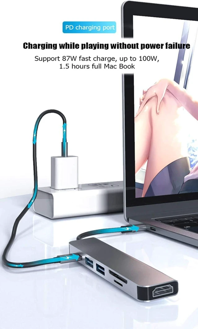 Alt view image 3 of 6 - KUNOVA (TM) 6 in 1 USB Type C HUB Converter 4K HDMI, Max 100W PD Power Delivery, 2 USB 3.0, Charging Port, SD / TF Card Reader, for MacBook Pro, Samsung, Chromebook, Dell XPS