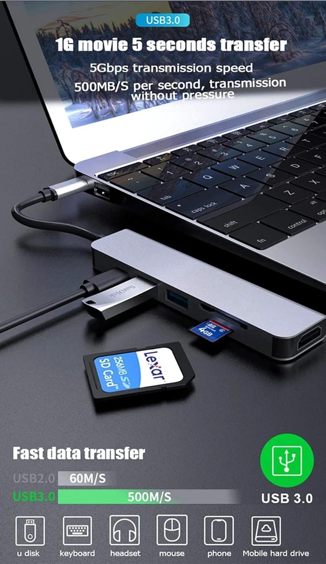 Alt view image 4 of 6 - KUNOVA (TM) 6 in 1 USB Type C HUB Converter 4K HDMI, Max 100W PD Power Delivery, 2 USB 3.0, Charging Port, SD / TF Card Reader, for MacBook Pro, Samsung, Chromebook, Dell XPS