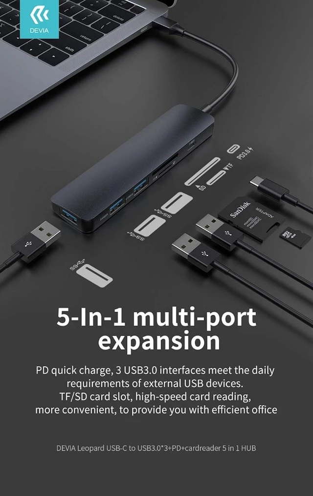 Alt view image 3 of 6 - 5 in 1 Type-C HUB to USB 3 Card Reader and PD Charge