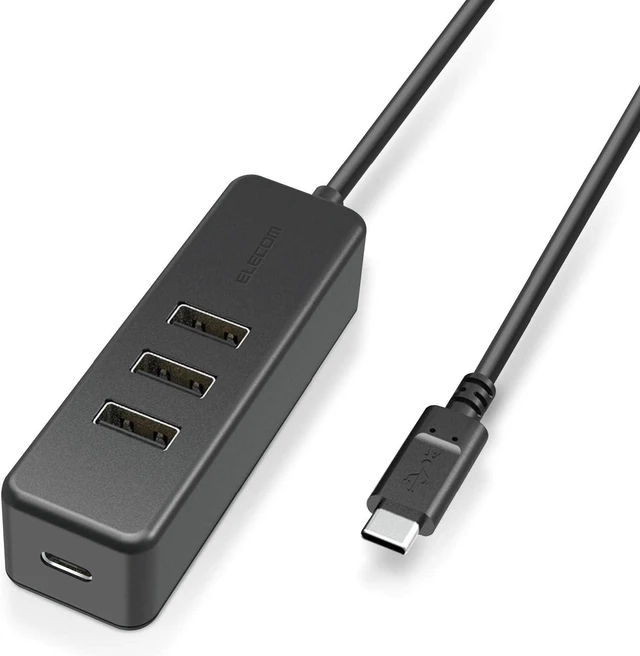 Main image of Elecom U2HC-T431PBK USB Hub, Type-C USB-A, 2.0 x 3 Ports, USB PD 60W Compatible, Type-C x 1, Cable 11.8 inches (30 cm), Magnetic, Black