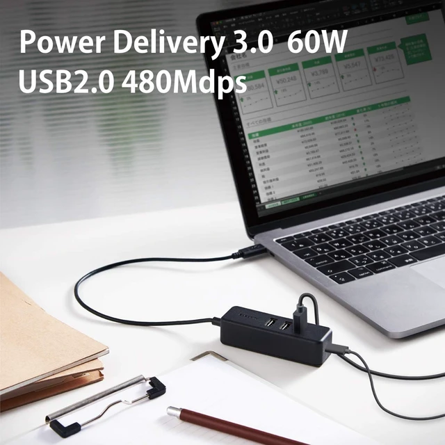 Alt view image 7 of 7 - Elecom U2HC-T431PBK USB Hub, Type-C USB-A, 2.0 x 3 Ports, USB PD 60W Compatible, Type-C x 1, Cable 11.8 inches (30 cm), Magnetic, Black