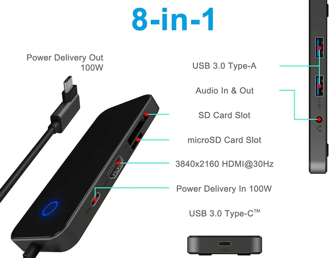 Alt view image 2 of 7 - Icy Box 8-in-1 USB-C Hub with Scratch-Resistant Glass Surface, 4K HDMI, USB 3.0 Hub, Card Reader, 100W Power Delivery, 3.5mm Audio, Aluminium, Black/Grey