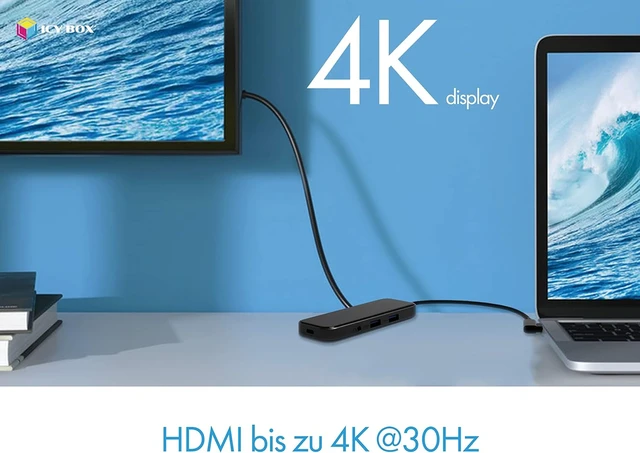 Alt view image 3 of 7 - Icy Box 8-in-1 USB-C Hub with Scratch-Resistant Glass Surface, 4K HDMI, USB 3.0 Hub, Card Reader, 100W Power Delivery, 3.5mm Audio, Aluminium, Black/Grey