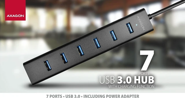Alt view image 2 of 7 - AXAGON HUE-SA7BP Active/Passive USB 3.0 Hub with 7 USB Ports, 40 cm Cable, Includes Power Supply, 5 V/2 A, Ideal for Desk and Office
