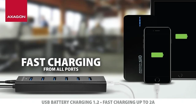 Alt view image 3 of 7 - AXAGON HUE-SA7BP Active/Passive USB 3.0 Hub with 7 USB Ports, 40 cm Cable, Includes Power Supply, 5 V/2 A, Ideal for Desk and Office