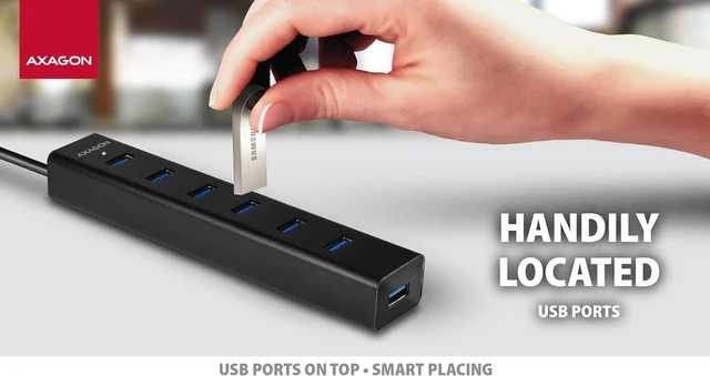 Alt view image 5 of 7 - AXAGON HUE-SA7BP Active/Passive USB 3.0 Hub with 7 USB Ports, 40 cm Cable, Includes Power Supply, 5 V/2 A, Ideal for Desk and Office