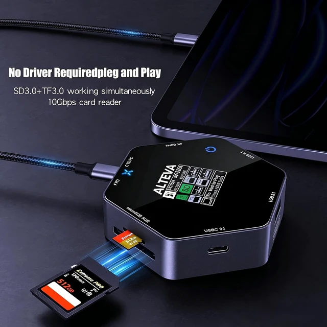 Alt view image 3 of 6 - USB C Hub 8 in 1 with 4K HDMI, PD 100W, Dual USB-A 3.1, USB-C 3.1, SD/TF Card Reader, LCD Screen, Touch Control, Built-in Cooling Fan, Tempered Glass