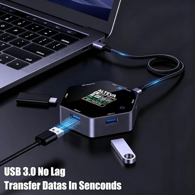 Alt view image 4 of 6 - USB C Hub 8 in 1 with 4K HDMI, PD 100W, Dual USB-A 3.1, USB-C 3.1, SD/TF Card Reader, LCD Screen, Touch Control, Built-in Cooling Fan, Tempered Glass
