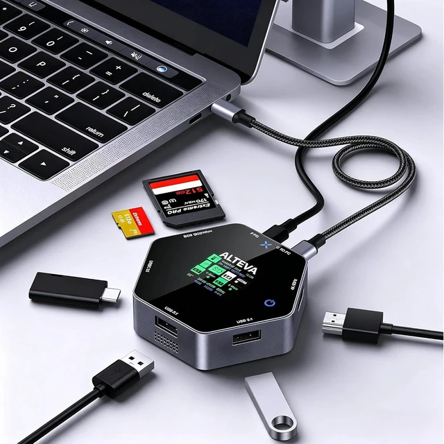 Main image of USB C Hub 8 in 1 with 4K HDMI, PD 100W, Dual USB-A 3.1, USB-C 3.1, SD/TF Card Reader, LCD Screen, Touch Control, Built-in Cooling Fan, Tempered Glass