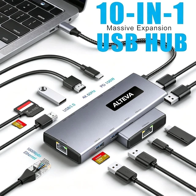 Alt view image 4 of 7 - USB C Hub 10-in-1 Multiport Adapter Suitable for Laptops, Dual 4K HDMI Monitor Support, 100W PD Charging, Gigabit Ethernet, 3 USB 3.0 Ports, SD/TF Card Reader, USB C Hub
