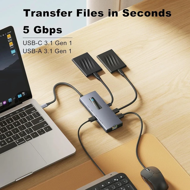 Alt view image 7 of 7 - USB C Hub 10-in-1 Multiport Adapter Suitable for Laptops, Dual 4K HDMI Monitor Support, 100W PD Charging, Gigabit Ethernet, 3 USB 3.0 Ports, SD/TF Card Reader, USB C Hub