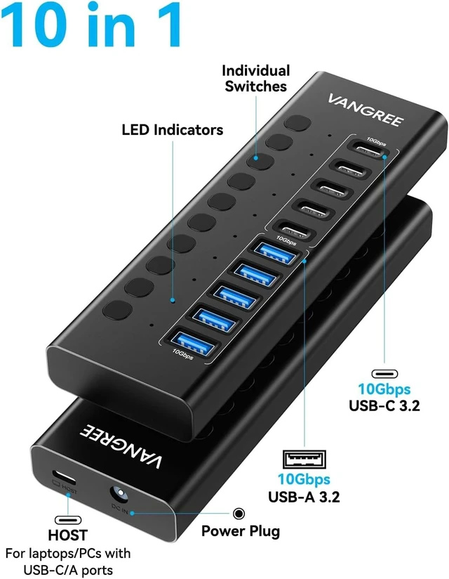 Alt view image 2 of 7 - VANGREE Powered USB Hub,10 Ports 10Gbps USB C Hub, 5*USB-A 3.2+5*USB-C 3.2