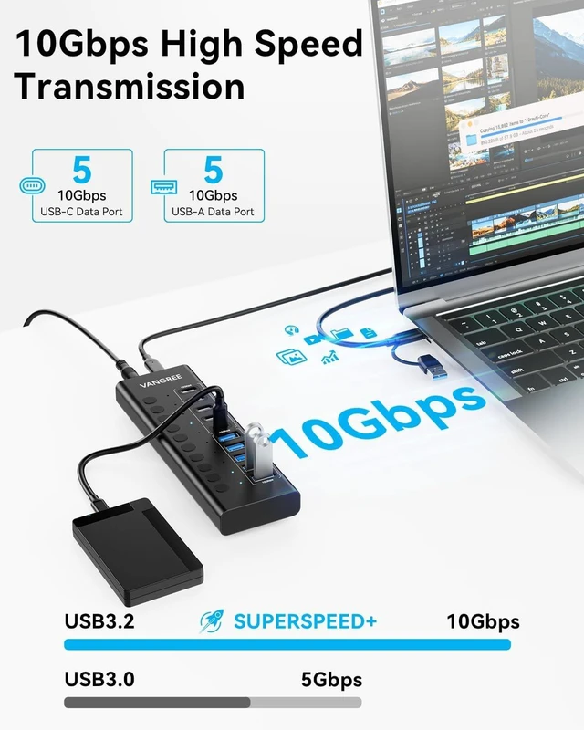 Alt view image 3 of 7 - VANGREE Powered USB Hub,10 Ports 10Gbps USB C Hub, 5*USB-A 3.2+5*USB-C 3.2