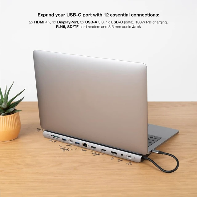 Alt view image 4 of 5 - NANOCABLE 10.16.1012 USB-C Hub 12 in 1, USB-C 3.1 to 3X USB-A 3.0, USB-C 3.0, USB-C PD 100W, 2X HDMI 4K60Hz, DP 4K60Hz, RJ45 1Gbps, SD/TF, 3.5 mm Jack, Grey