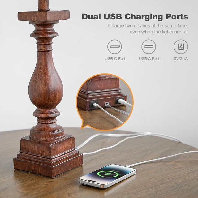 Alt view image 3 of 7 - BOBOMOMO 27" Farmhouse Living Room Lamps with USB-A +C Ports, Vintage Rustic Bedside Night Stand Lamps Set of 2, Linen Shade, Retro Side Table Lamps for Living Room, Bedroom (Blubs not Included)