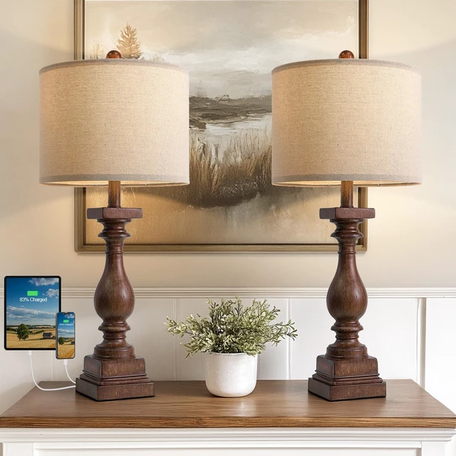 Alt view image 6 of 7 - BOBOMOMO 27" Farmhouse Living Room Lamps with USB-A +C Ports, Vintage Rustic Bedside Night Stand Lamps Set of 2, Linen Shade, Retro Side Table Lamps for Living Room, Bedroom (Blubs not Included)