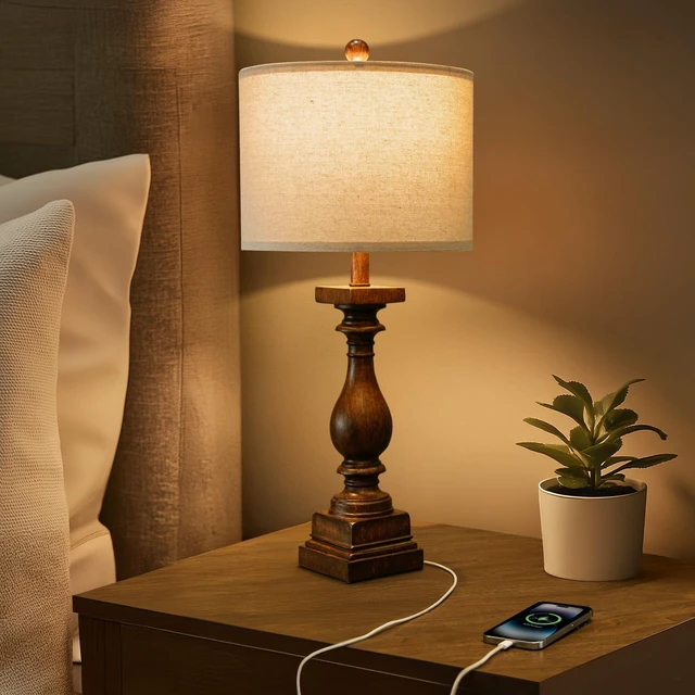Alt view image 7 of 7 - BOBOMOMO 27" Farmhouse Living Room Lamps with USB-A +C Ports, Vintage Rustic Bedside Night Stand Lamps Set of 2, Linen Shade, Retro Side Table Lamps for Living Room, Bedroom (Blubs not Included)