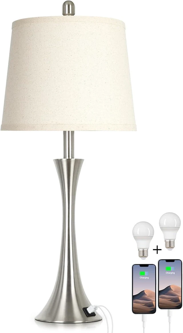 Alt view image 2 of 7 - Rinweey 27.5" Silver Table Lamps, Touch Bedside Lamps with USB C+A Ports, 3 Way Dimmable Nightstand Lamps for Bedroom, Living Room, Office, Silver Lamp with Beige Lampshade, Bulbs Included (1 Pack)