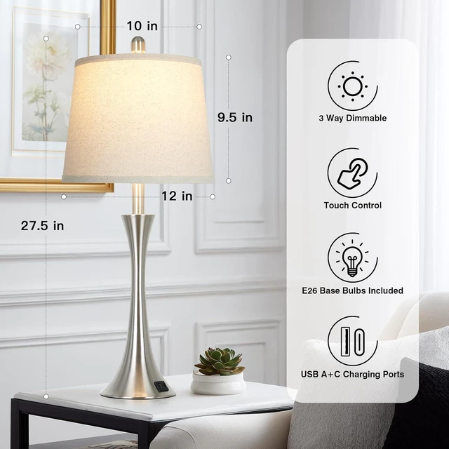 Alt view image 3 of 7 - Rinweey 27.5" Silver Table Lamps, Touch Bedside Lamps with USB C+A Ports, 3 Way Dimmable Nightstand Lamps for Bedroom, Living Room, Office, Silver Lamp with Beige Lampshade, Bulbs Included (1 Pack)