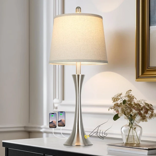 Alt view image 7 of 7 - Rinweey 27.5" Silver Table Lamps, Touch Bedside Lamps with USB C+A Ports, 3 Way Dimmable Nightstand Lamps for Bedroom, Living Room, Office, Silver Lamp with Beige Lampshade, Bulbs Included (1 Pack)