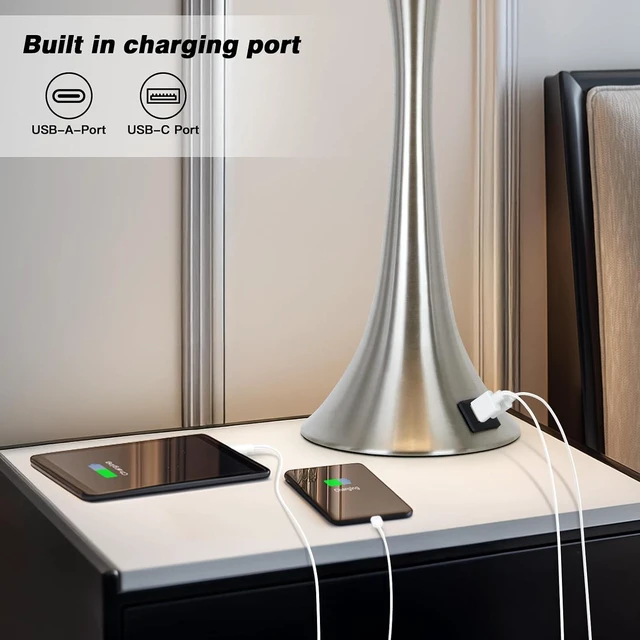 Alt view image 4 of 7 - Rinweey 27.5" Silver Table Lamps, Touch Bedside Lamps with USB C+A Ports, 3 Way Dimmable Nightstand Lamps for Bedroom, Living Room, Office, Silver Lamp with Beige Lampshade, Bulbs Included (1 Pack)