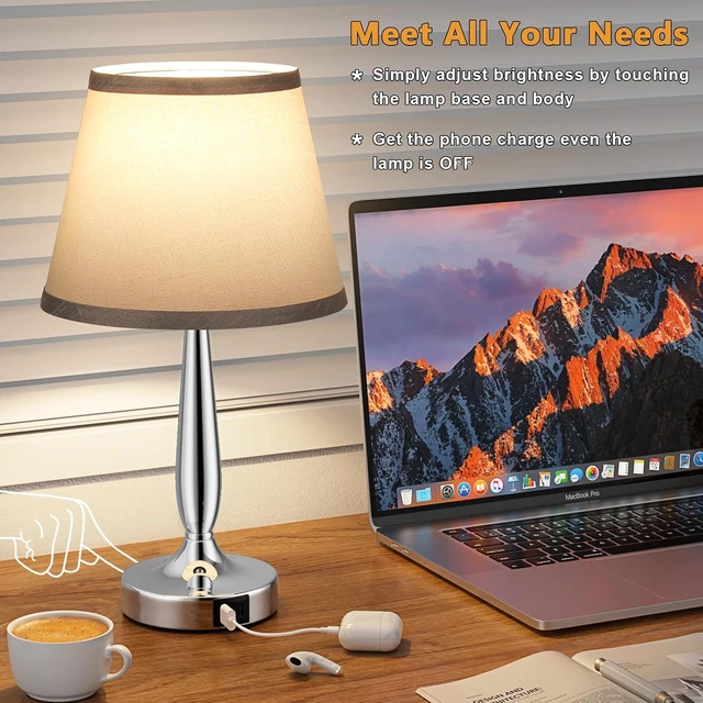 Alt view image 2 of 7 - Kakanuo Touch Table Lamp for Bedroom, Small Bedside Lamp with USB C Charging Port, 3 Way Dimmable Touch Control Nightstand Lamp for Living Room and Office, Gray Shade and Silver Base