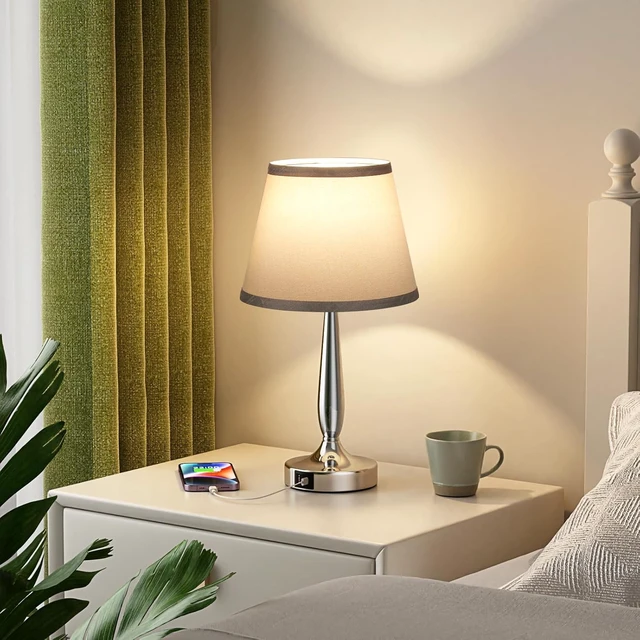 Alt view image 3 of 7 - Kakanuo Touch Table Lamp for Bedroom, Small Bedside Lamp with USB C Charging Port, 3 Way Dimmable Touch Control Nightstand Lamp for Living Room and Office, Gray Shade and Silver Base