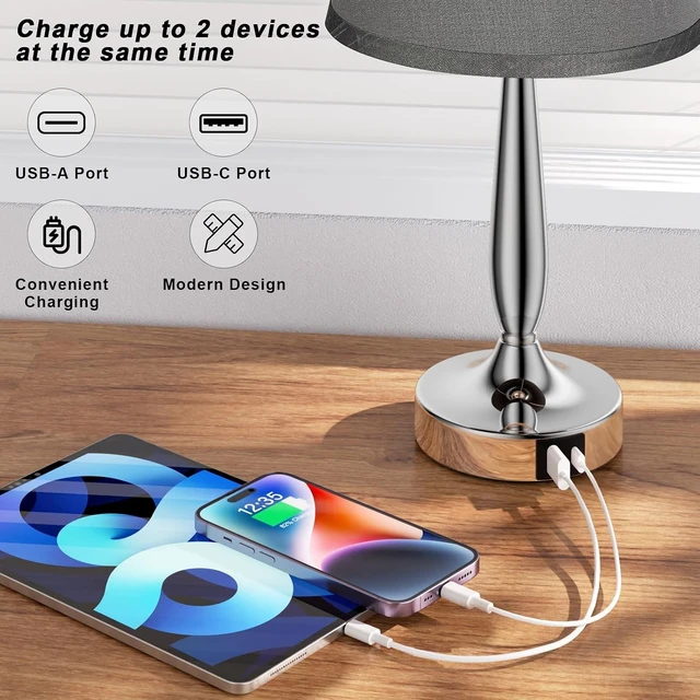 Alt view image 4 of 7 - Kakanuo Touch Table Lamp for Bedroom, Small Bedside Lamp with USB C Charging Port, 3 Way Dimmable Touch Control Nightstand Lamp for Living Room and Office, Gray Shade and Silver Base