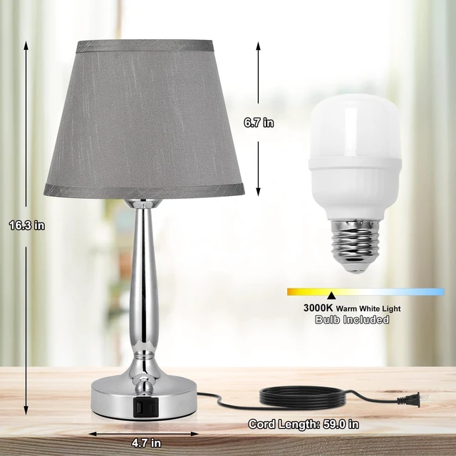 Alt view image 7 of 7 - Kakanuo Touch Table Lamp for Bedroom, Small Bedside Lamp with USB C Charging Port, 3 Way Dimmable Touch Control Nightstand Lamp for Living Room and Office, Gray Shade and Silver Base