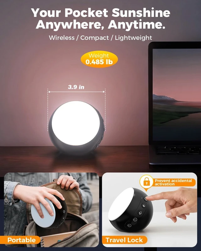 Alt view image 5 of 7 - Wireless Light Therapy Lamp, 10000 Lux UV-Free Full-Spectrum Sun Lamp, 3 Color Temperatures, 5 Brightness, Timer, Rechargeable for Home Office Travel