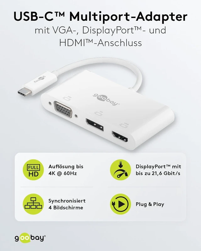 Alt view image 2 of 6 - goobay 52412 Multiport Adapter USB-C to VGA + DP + HDMI - Resolutions up to 4K*2K@60Hz - Mirrors up to 4 Displays at the same time