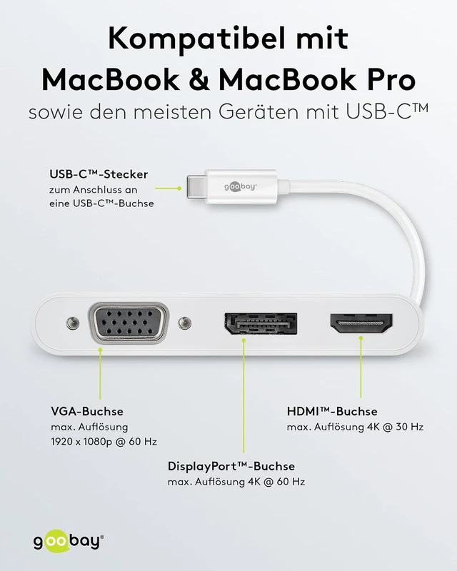 Alt view image 4 of 6 - goobay 52412 Multiport Adapter USB-C to VGA + DP + HDMI - Resolutions up to 4K*2K@60Hz - Mirrors up to 4 Displays at the same time