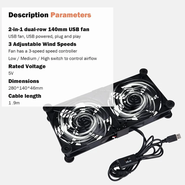 Alt view image 2 of 7 - Quiet Dual 140mm Router Fan Cooler with L/M/H 3-Degree Speed Controller, DC 5V USB Powered Cooling Case Fan for Router Modem Receiver DVR PlayStation TV Box