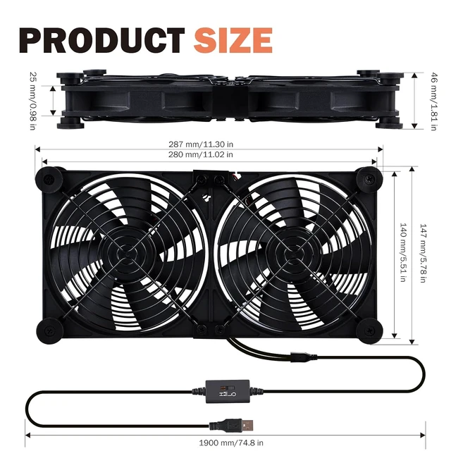 Alt view image 4 of 7 - Quiet Dual 140mm Router Fan Cooler with L/M/H 3-Degree Speed Controller, DC 5V USB Powered Cooling Case Fan for Router Modem Receiver DVR PlayStation TV Box