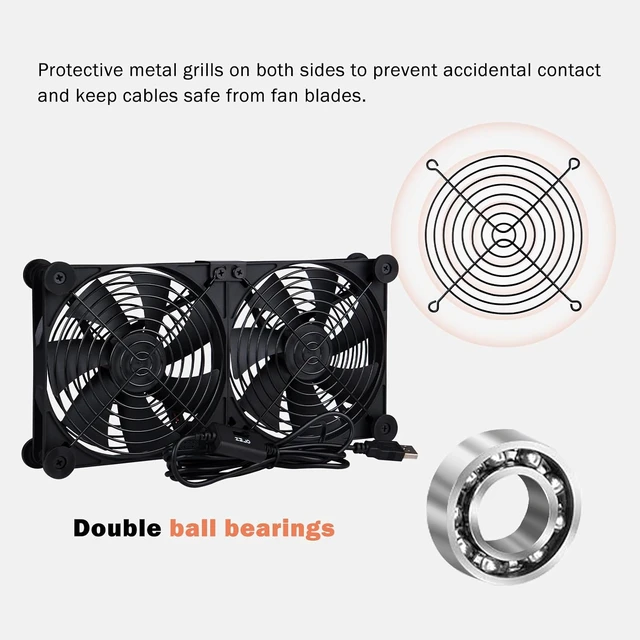 Alt view image 5 of 7 - Quiet Dual 140mm Router Fan Cooler with L/M/H 3-Degree Speed Controller, DC 5V USB Powered Cooling Case Fan for Router Modem Receiver DVR PlayStation TV Box