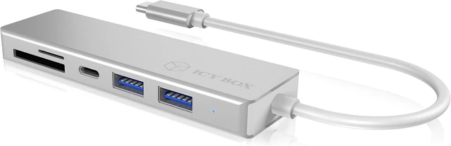 Alt view image 2 of 4 - ICY BOX 60369 3-Way USB-C Hub and Card Reader for SD and microSD, 3X USB 3.0, USB 3 Port, Aluminium, Integrated Cable, Silver/White