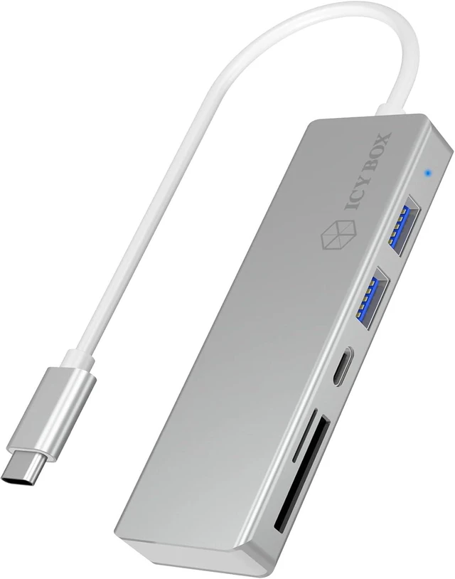Main image of ICY BOX 60369 3-Way USB-C Hub and Card Reader for SD and microSD, 3X USB 3.0, USB 3 Port, Aluminium, Integrated Cable, Silver/White