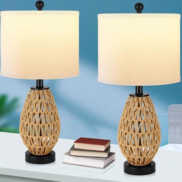 Alt view image 2 of 7 - Coastal Table Lamps Set of 2, Retro Rattan Woven 24" Bedside Lamp, for Bedroom Living Room Home Nightstand Table Lamp(with USB C+A 5V 2.1A Charging Ports)