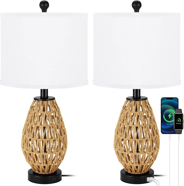 Main image of Coastal Table Lamps Set of 2, Retro Rattan Woven 24" Bedside Lamp, for Bedroom Living Room Home Nightstand Table Lamp(with USB C+A 5V 2.1A Charging Ports)