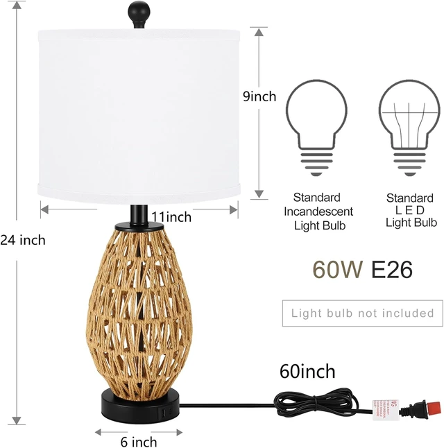 Alt view image 5 of 7 - Coastal Table Lamps Set of 2, Retro Rattan Woven 24" Bedside Lamp, for Bedroom Living Room Home Nightstand Table Lamp(with USB C+A 5V 2.1A Charging Ports)