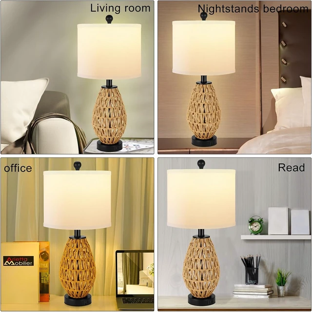 Alt view image 3 of 7 - Coastal Table Lamps Set of 2, Retro Rattan Woven 24" Bedside Lamp, for Bedroom Living Room Home Nightstand Table Lamp(with USB C+A 5V 2.1A Charging Ports)