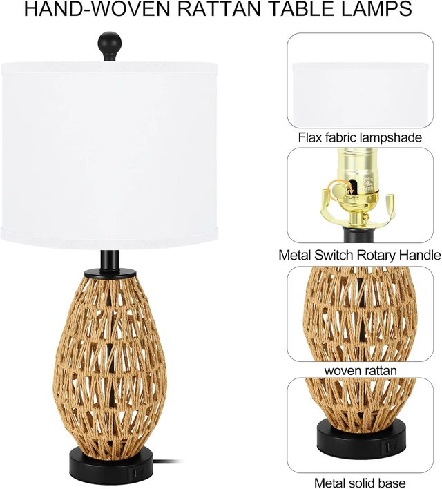 Alt view image 4 of 7 - Coastal Table Lamps Set of 2, Retro Rattan Woven 24" Bedside Lamp, for Bedroom Living Room Home Nightstand Table Lamp(with USB C+A 5V 2.1A Charging Ports)