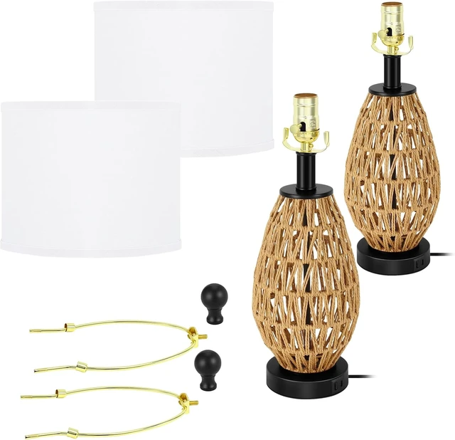 Alt view image 6 of 7 - Coastal Table Lamps Set of 2, Retro Rattan Woven 24" Bedside Lamp, for Bedroom Living Room Home Nightstand Table Lamp(with USB C+A 5V 2.1A Charging Ports)