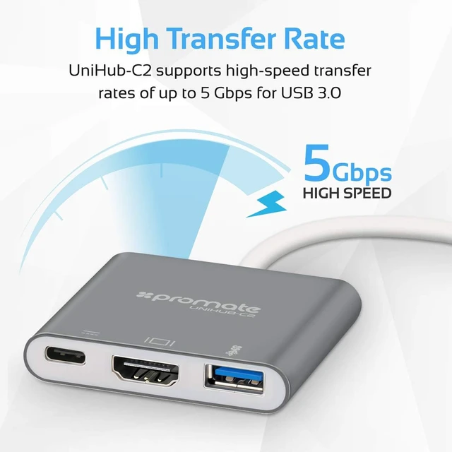 Alt view image 6 of 7 - Promate Universal USB Type-C Hub, 2 USB 3.0 Ports, 4K HDMI Ports, USB Type-C Ports, Up to 90W Charging, Gray, UniHub-C2 Gray