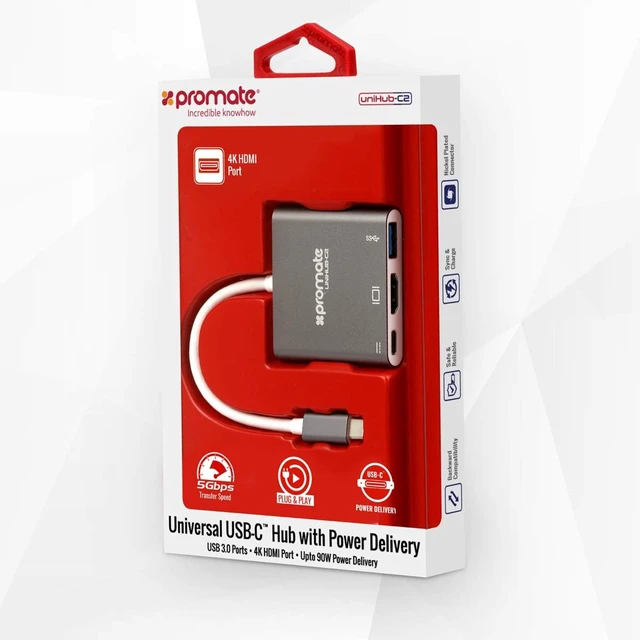 Alt view image 7 of 7 - Promate Universal USB Type-C Hub, 2 USB 3.0 Ports, 4K HDMI Ports, USB Type-C Ports, Up to 90W Charging, Gray, UniHub-C2 Gray
