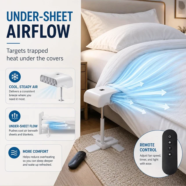 Alt view image 2 of 7 - Bed Cooling Fan Under Sheets, Rechargeable Cordless Bed Fan for Hot Sleepers, Under Blanket Airflow Cooling System with Remote, 5 Quiet Speeds, Adjustable Height, USB-C Charging (1PC)