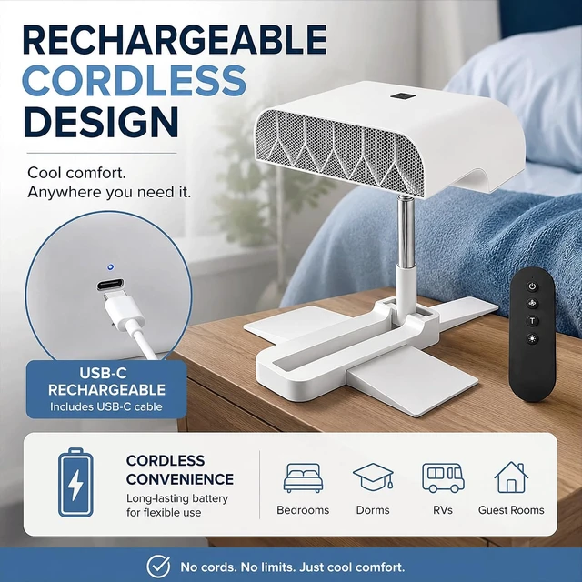 Alt view image 4 of 7 - Bed Cooling Fan Under Sheets, Rechargeable Cordless Bed Fan for Hot Sleepers, Under Blanket Airflow Cooling System with Remote, 5 Quiet Speeds, Adjustable Height, USB-C Charging (1PC)